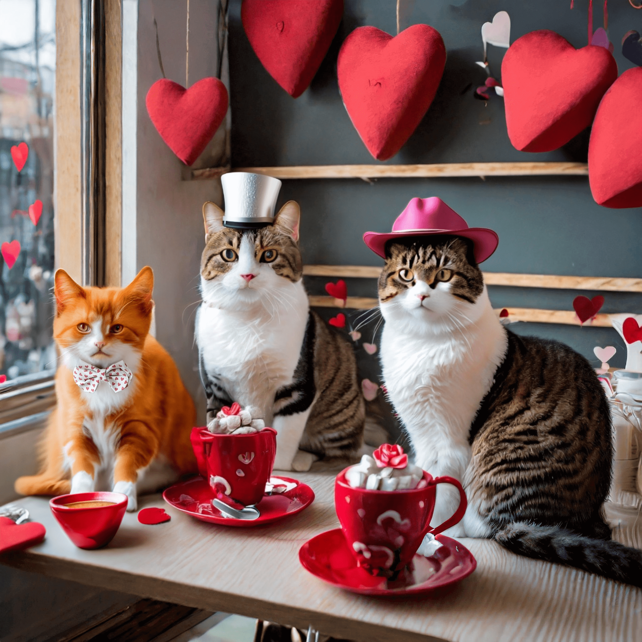 Three cats celebrating Valentines day with each other